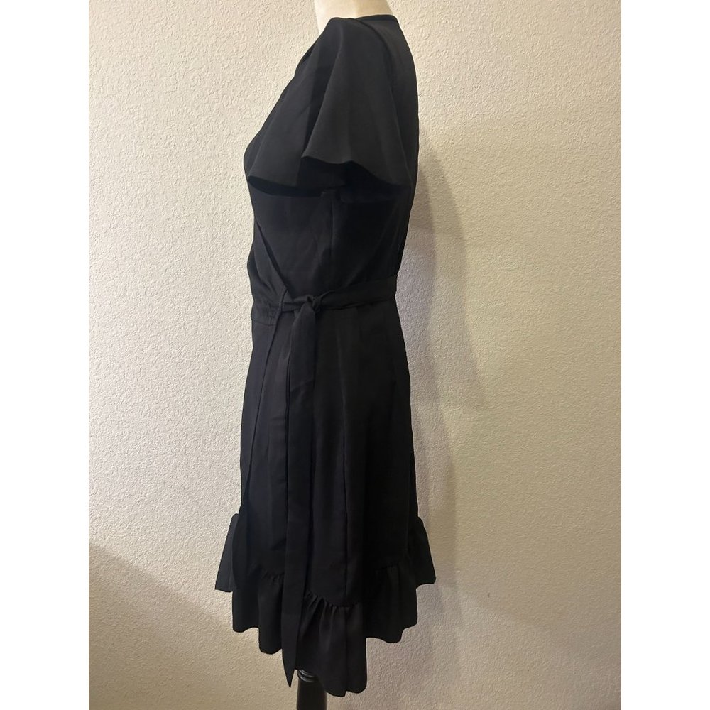 Women's Black Wrap Midi Dress with Ruffle Hem - Picture 2 of 12